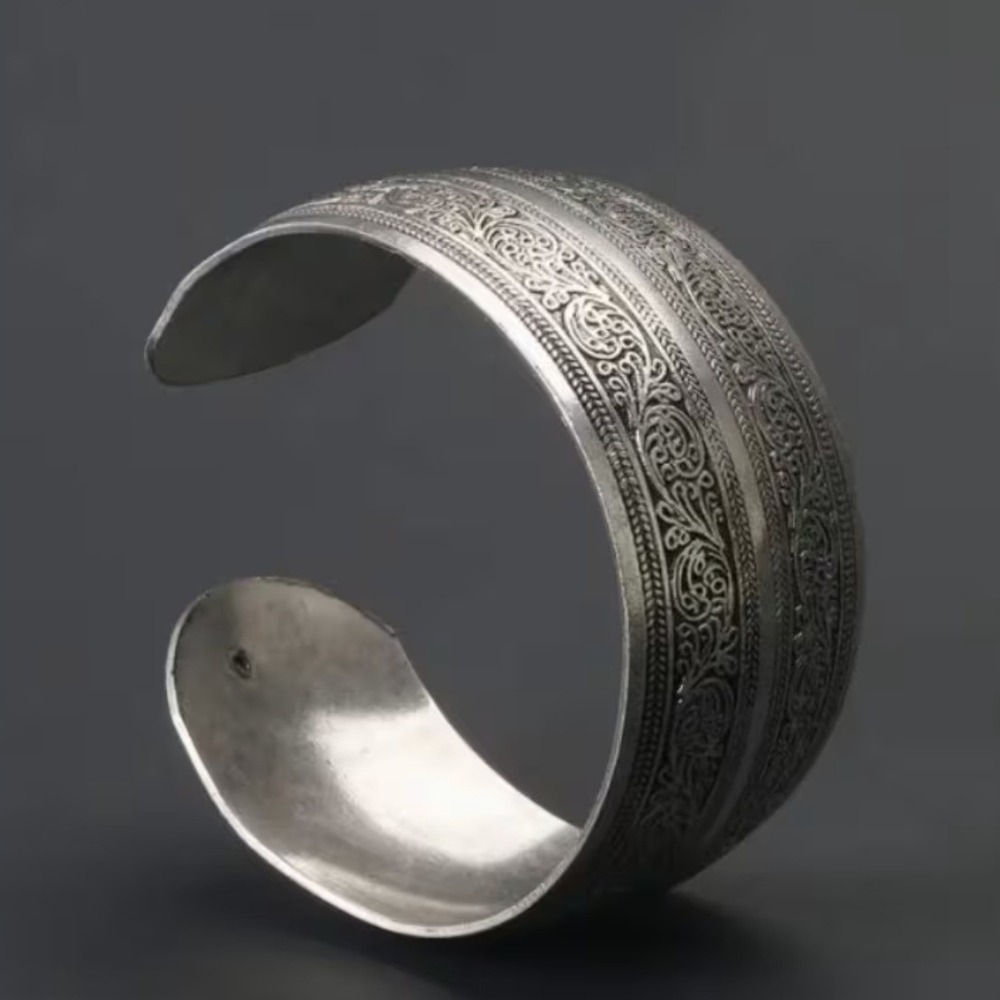 Womens Stainless Steel Floral Filigree Wide Cuff Bracelet Antique Silver Tone